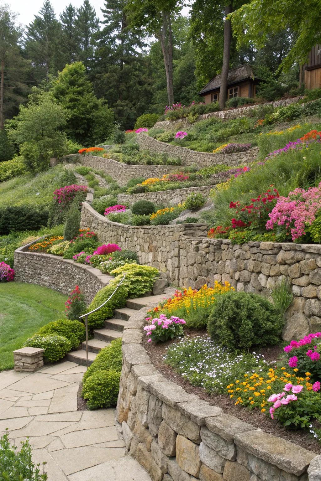 Layered gardens with stone walls create a multi-dimensional landscape rich with color.