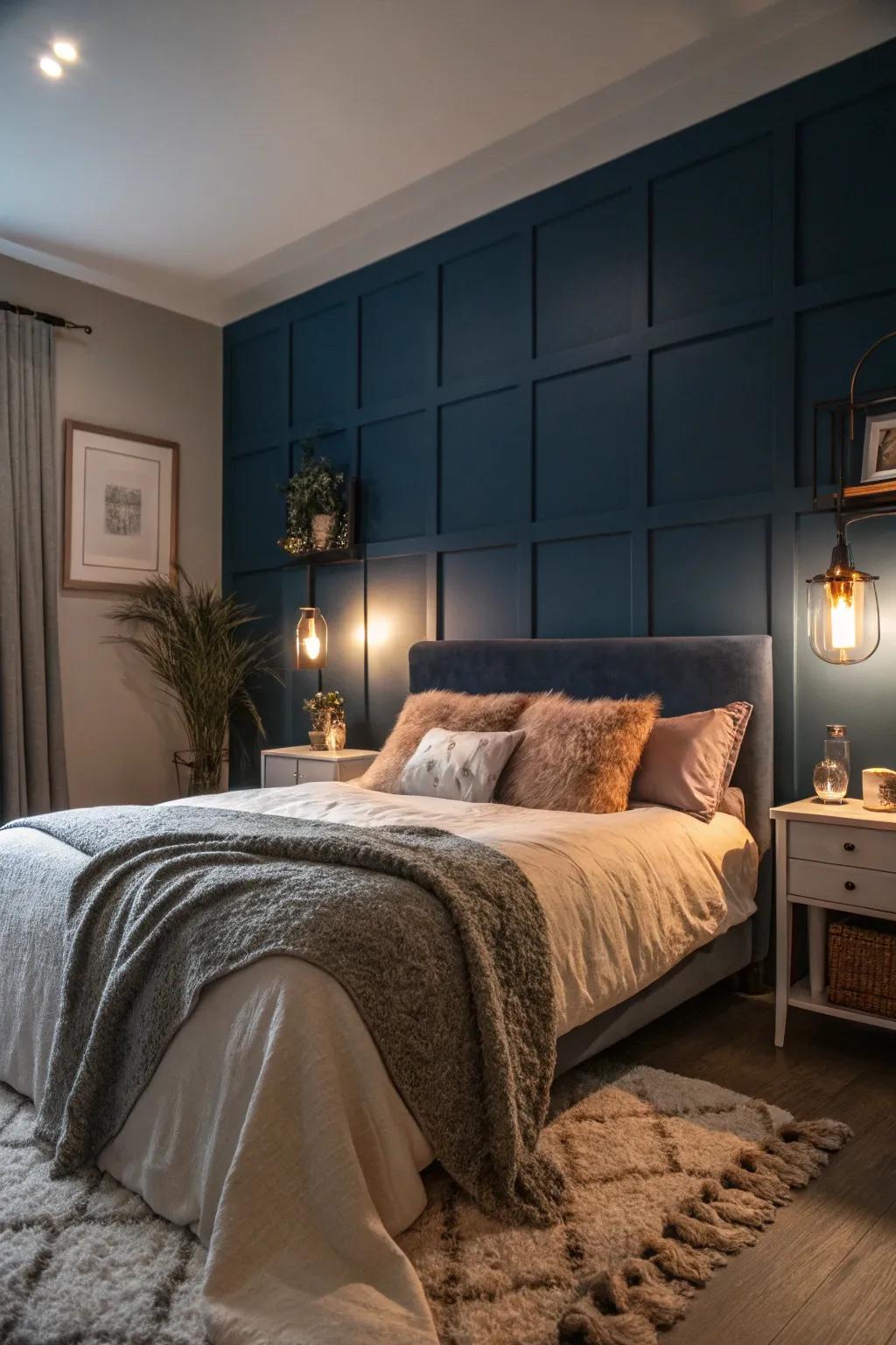 Deep blues conjure a cozy, personal bedroom vibe.