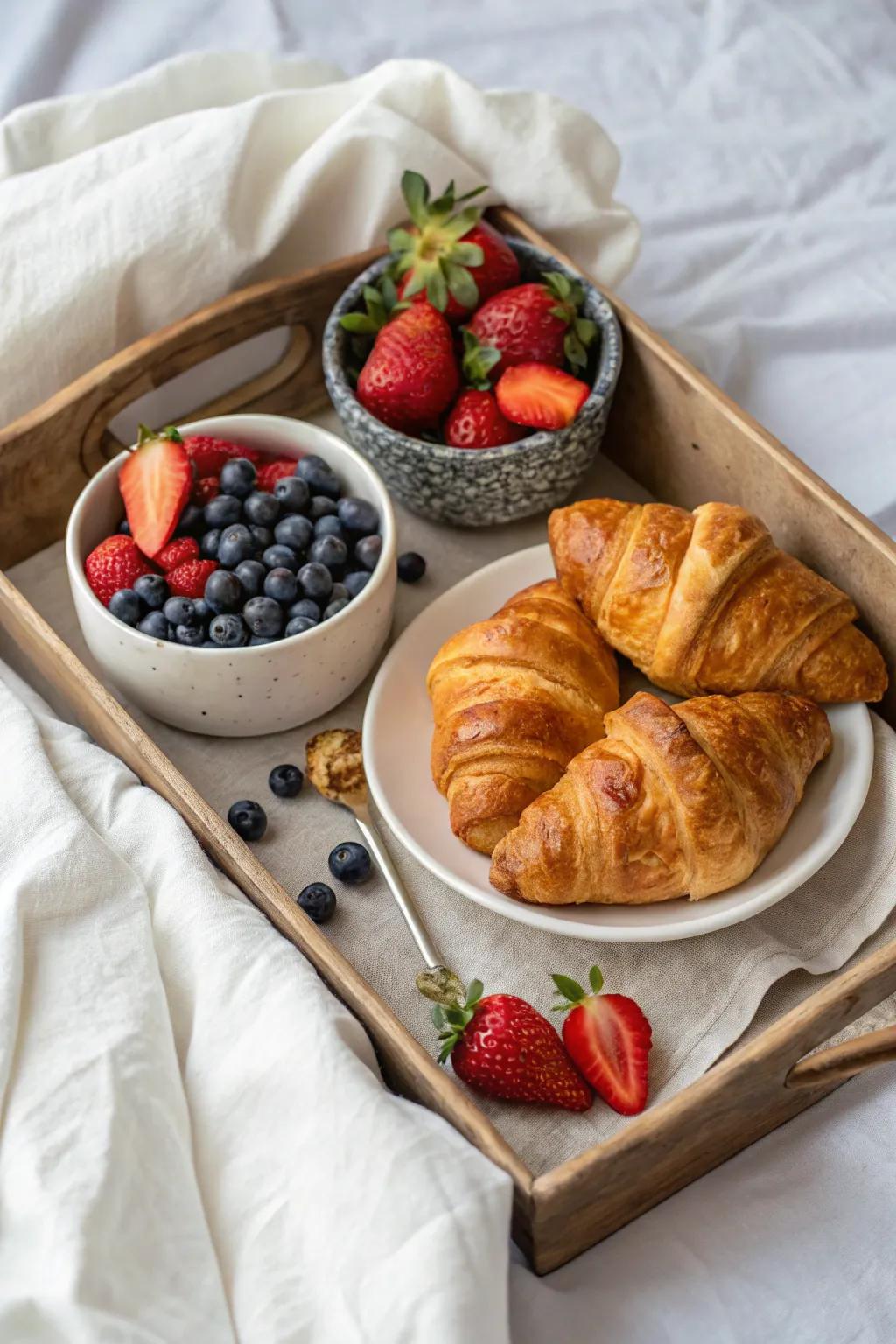 Savor the classic combination of flaky rolls with fresh berries to kickstart your day.