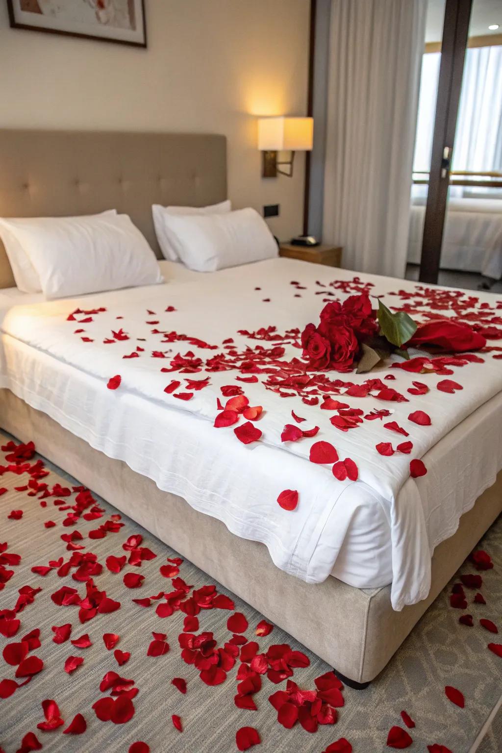 Crimson blossom shards transform a plain bed into a love-inspired masterpiece.
