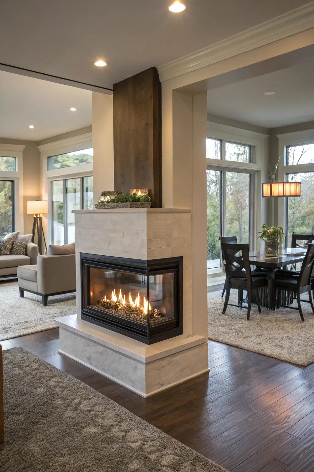 This double-sided fireplace beautifully unifies the living and dining spaces.