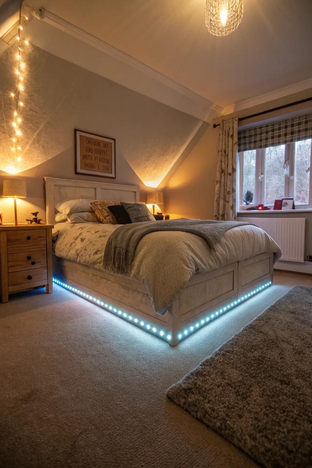 Improve your room's atmosphere through delicate under-bed lighting.