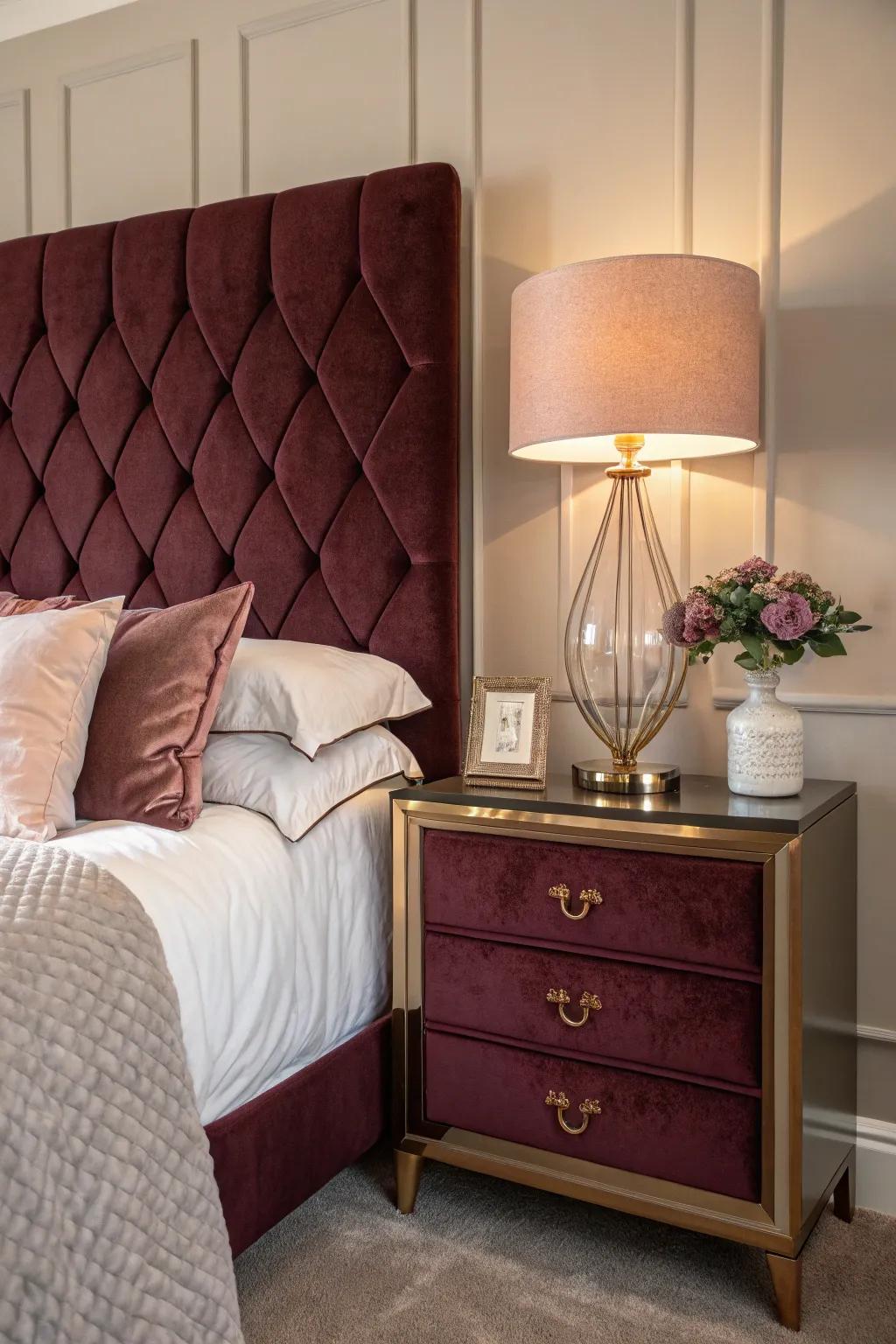 A rich burgundy fuzz headboard lends an elegant dimension to this bedroom's aesthetic.