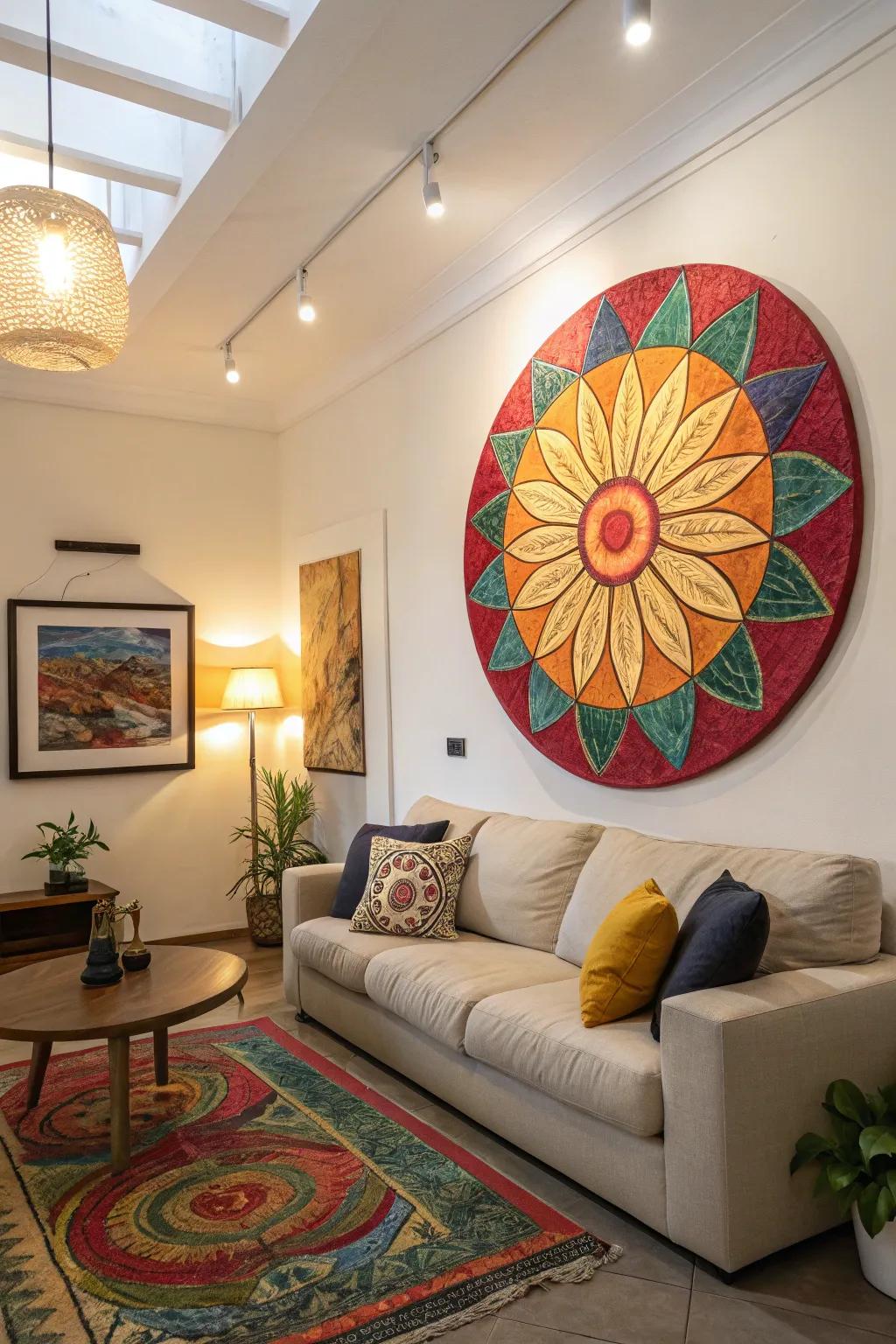 A living space showcasing a strong, vibrant round art piece that serves as the room's focal point.