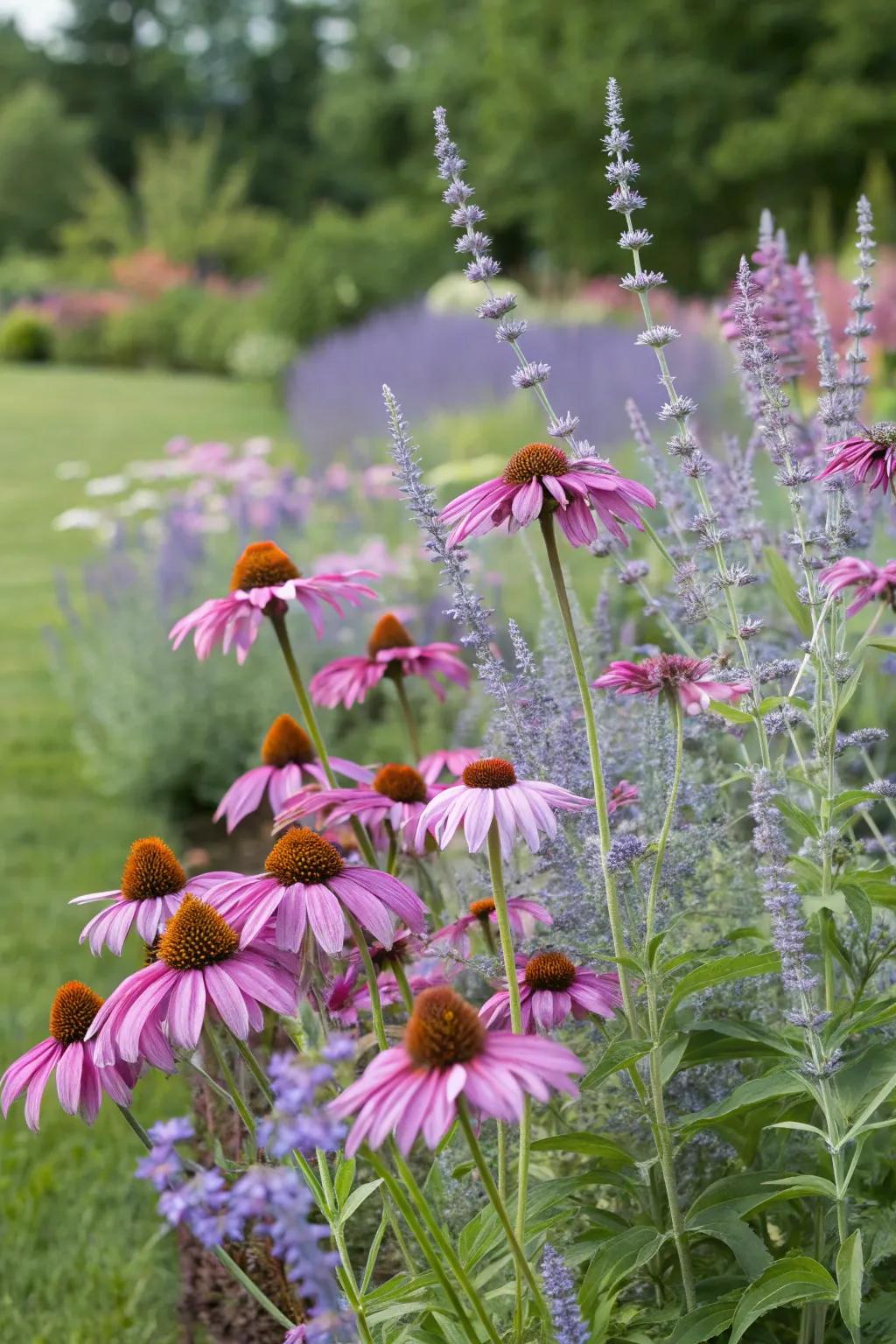 A vibrant garden display of azure blooms complemented by striking purple daisylilies.