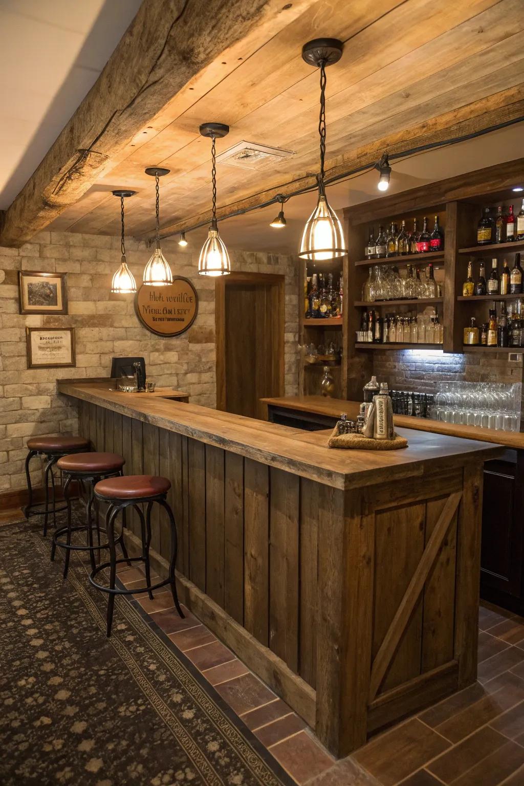 A countertop fashioned from repurposed timber, bringing coziness and heritage to the area.