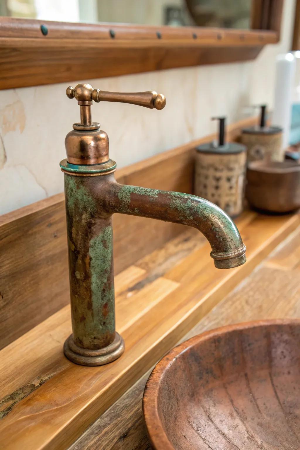 A copper water spout with an aged patina adds warmth and character.