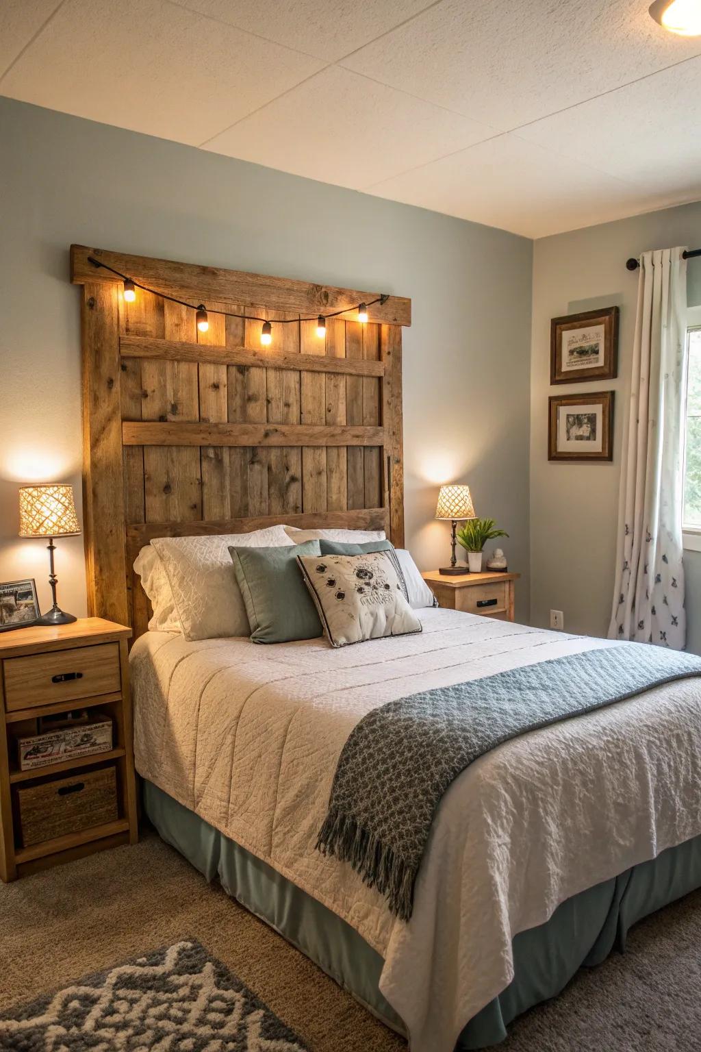A repurposed timber headboard brings character and a countryside allure.