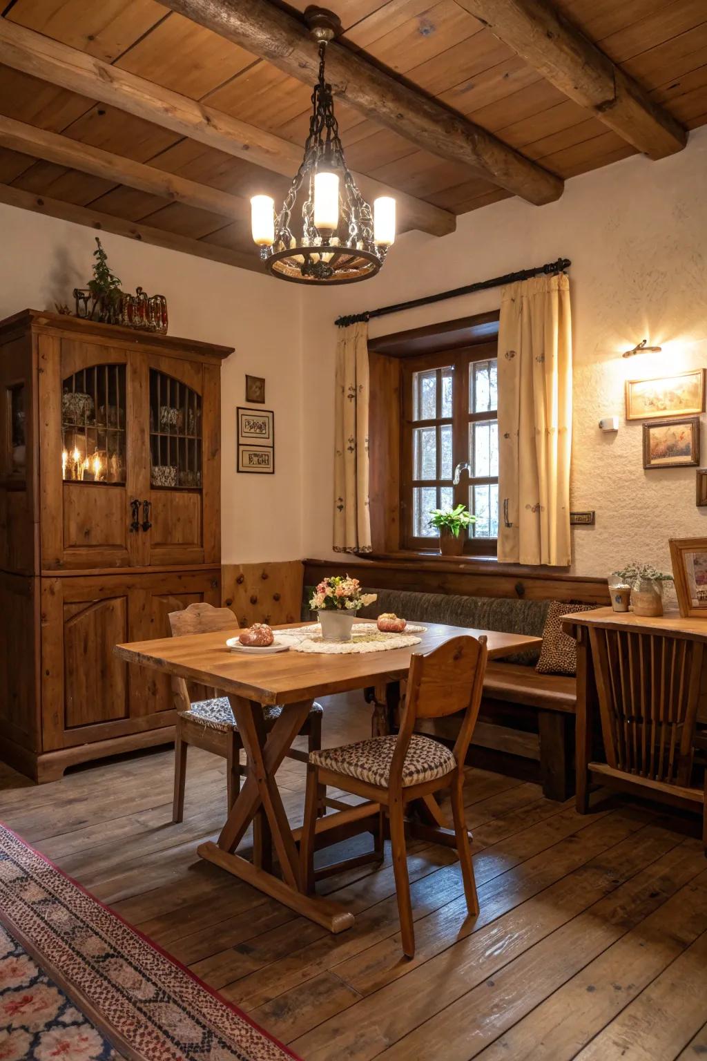 Wood furnishings contribute a naturally warm atmosphere to boho-rustic rooms.