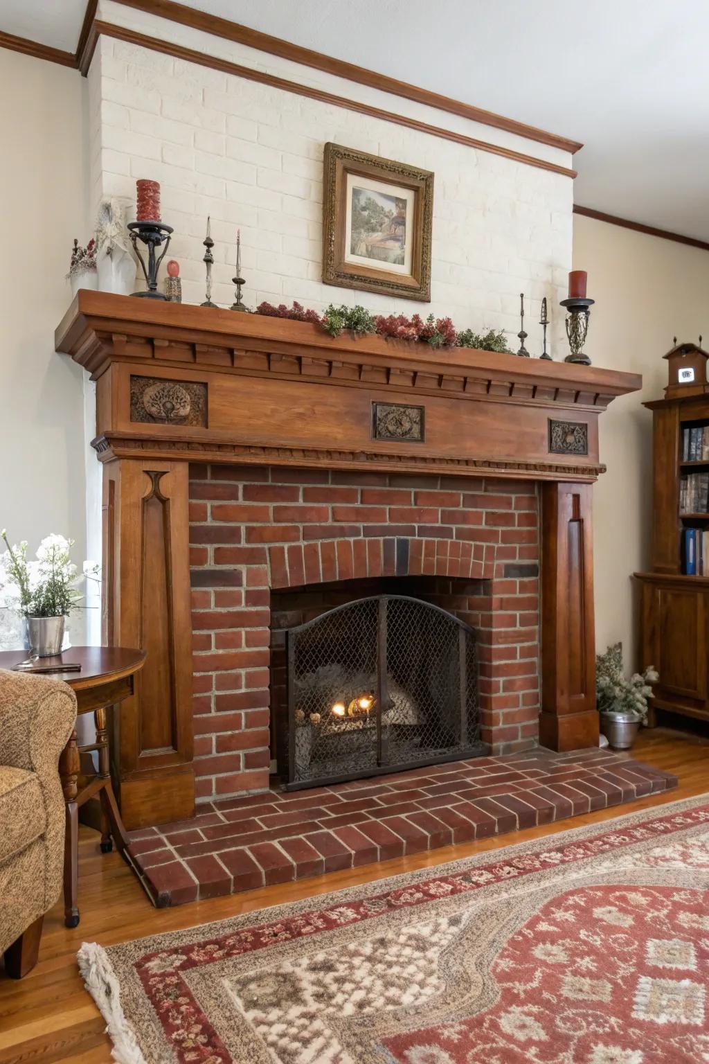Classic scarlet brick fireplace that exudes warmth and nostalgia.