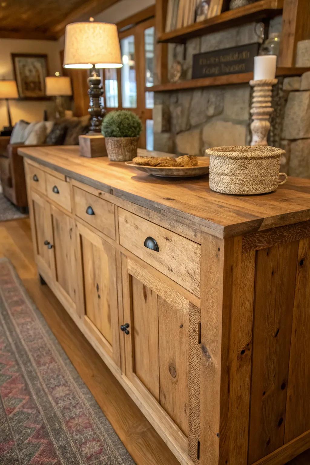 A country-style wooden server highlighting lovely natural wood lines.