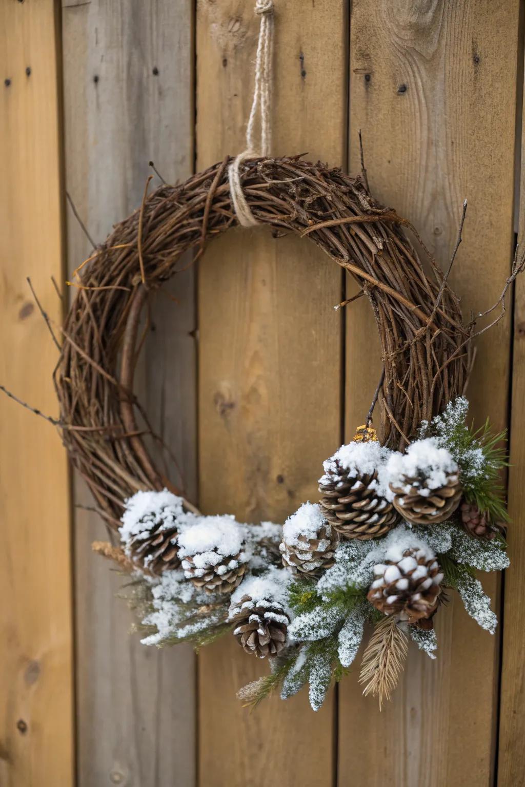 A grapevine wreath decorated with snowy pine cones.
