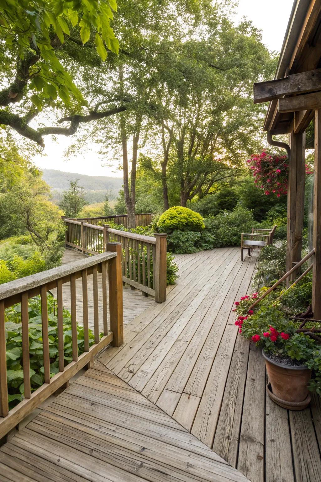 Repurposed wood introduces authentic charm to this countryside deck.