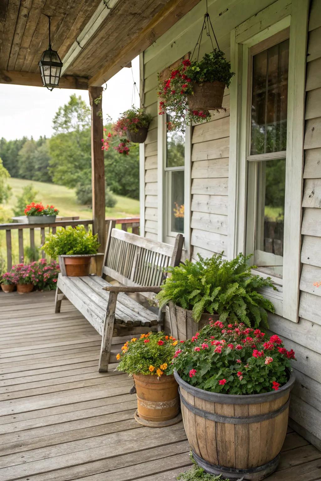 A welcoming timber seat offers a serene spot for relaxation on a rustic farmhouse porch.