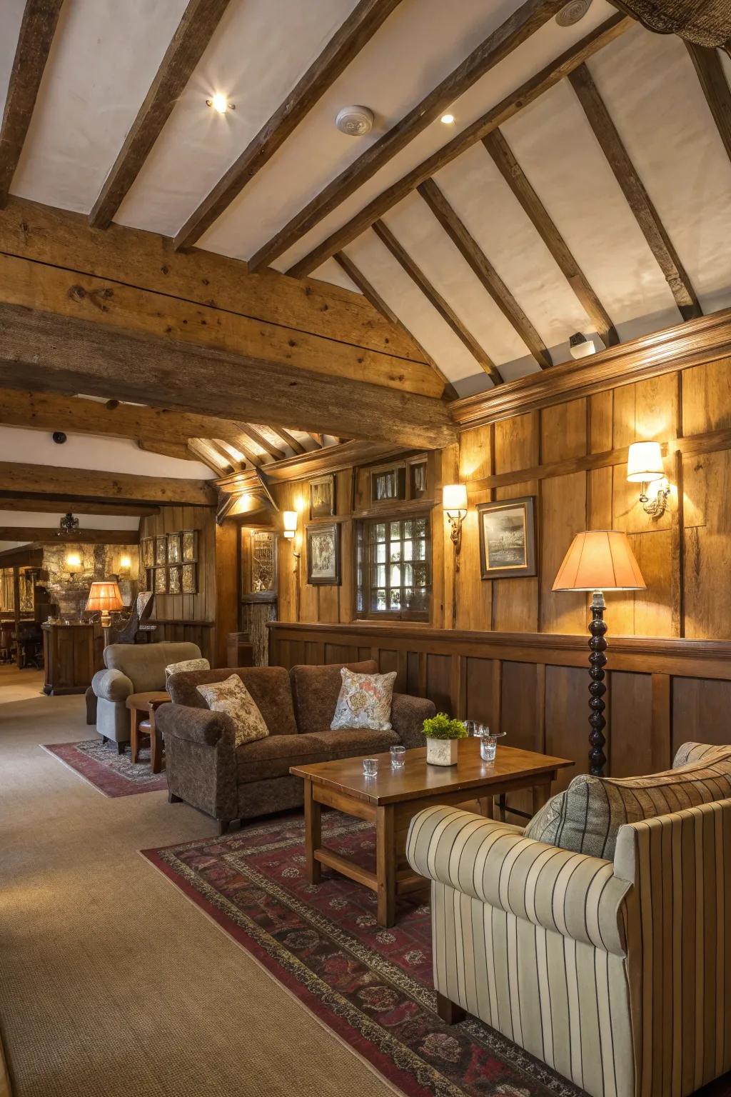 A masculine retreat featuring prominent timber joists, conjuring a snug and alluring vibe.