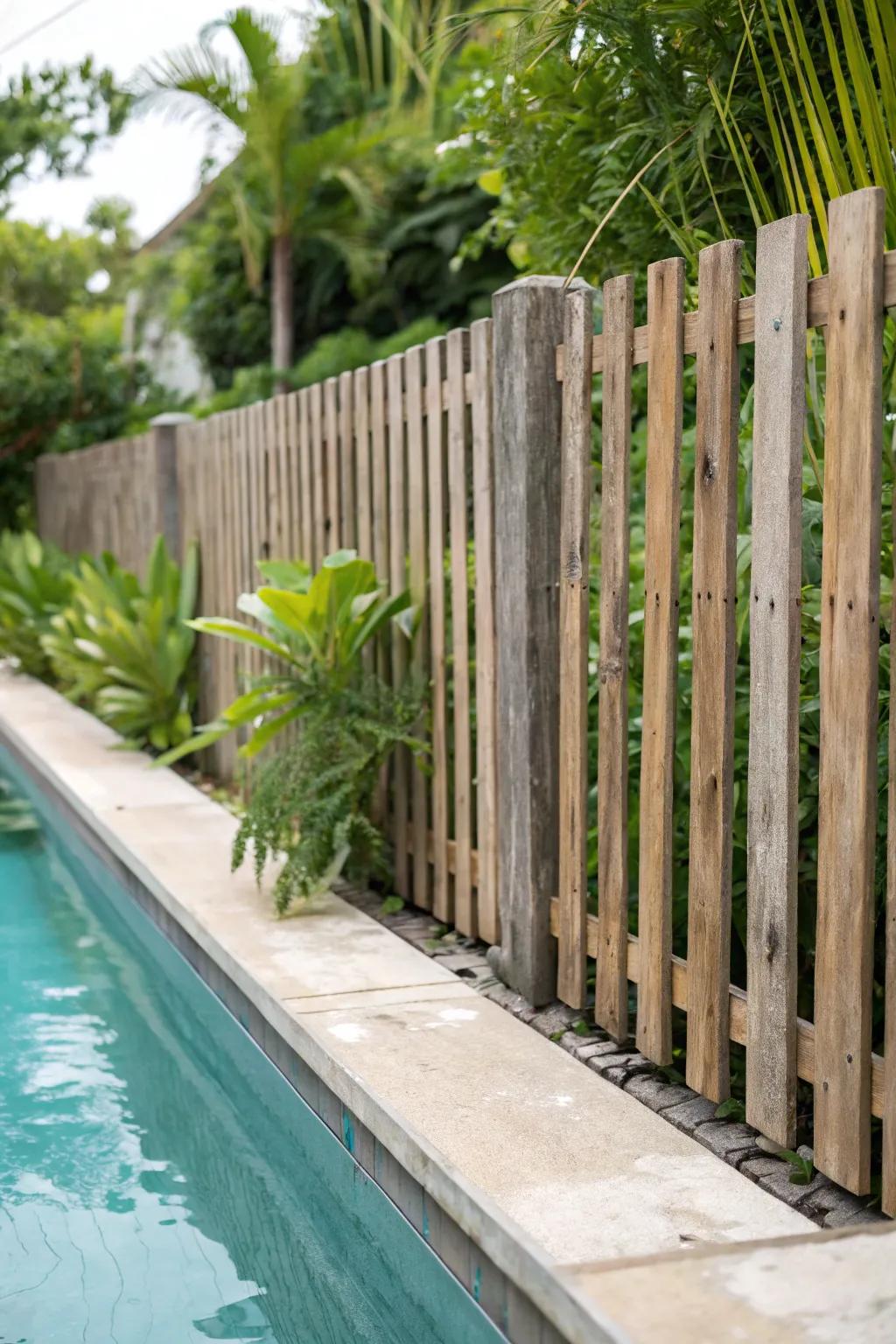 A traditional timber plank barrier embraces a pool with organic sophistication.