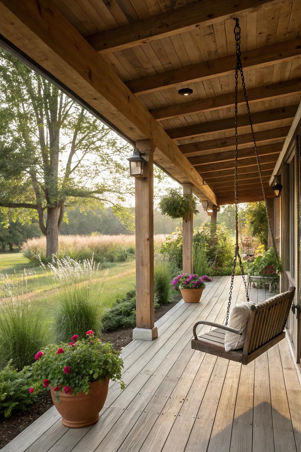 Exposed beams add a rustic charm to this porch.