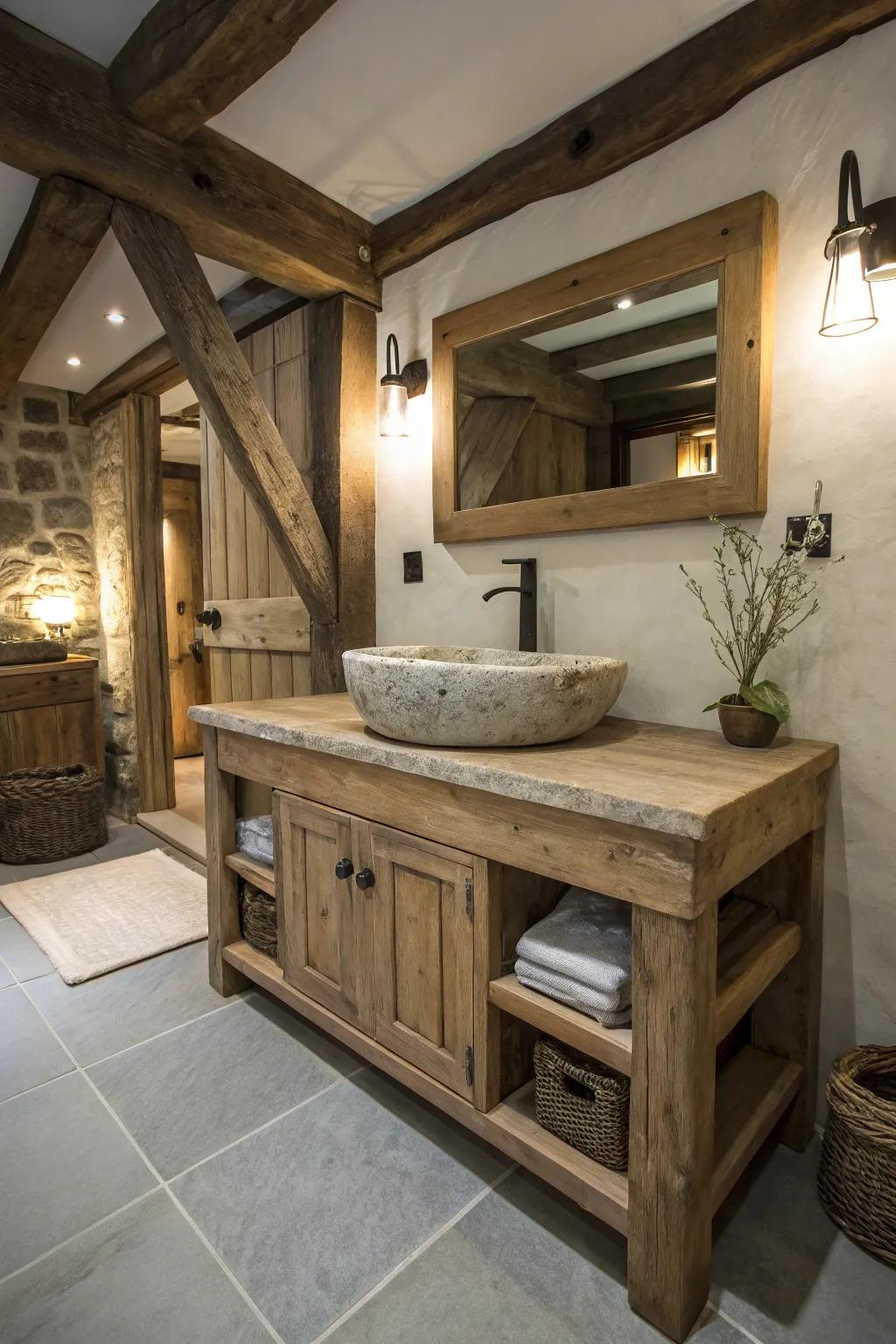 A rustic counter crafted from repurposed timbers adds charm and warmth.