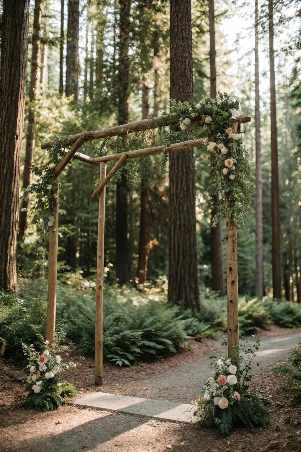 A stripped-back timber arch nestled in a forest, embellished with rich greenery.