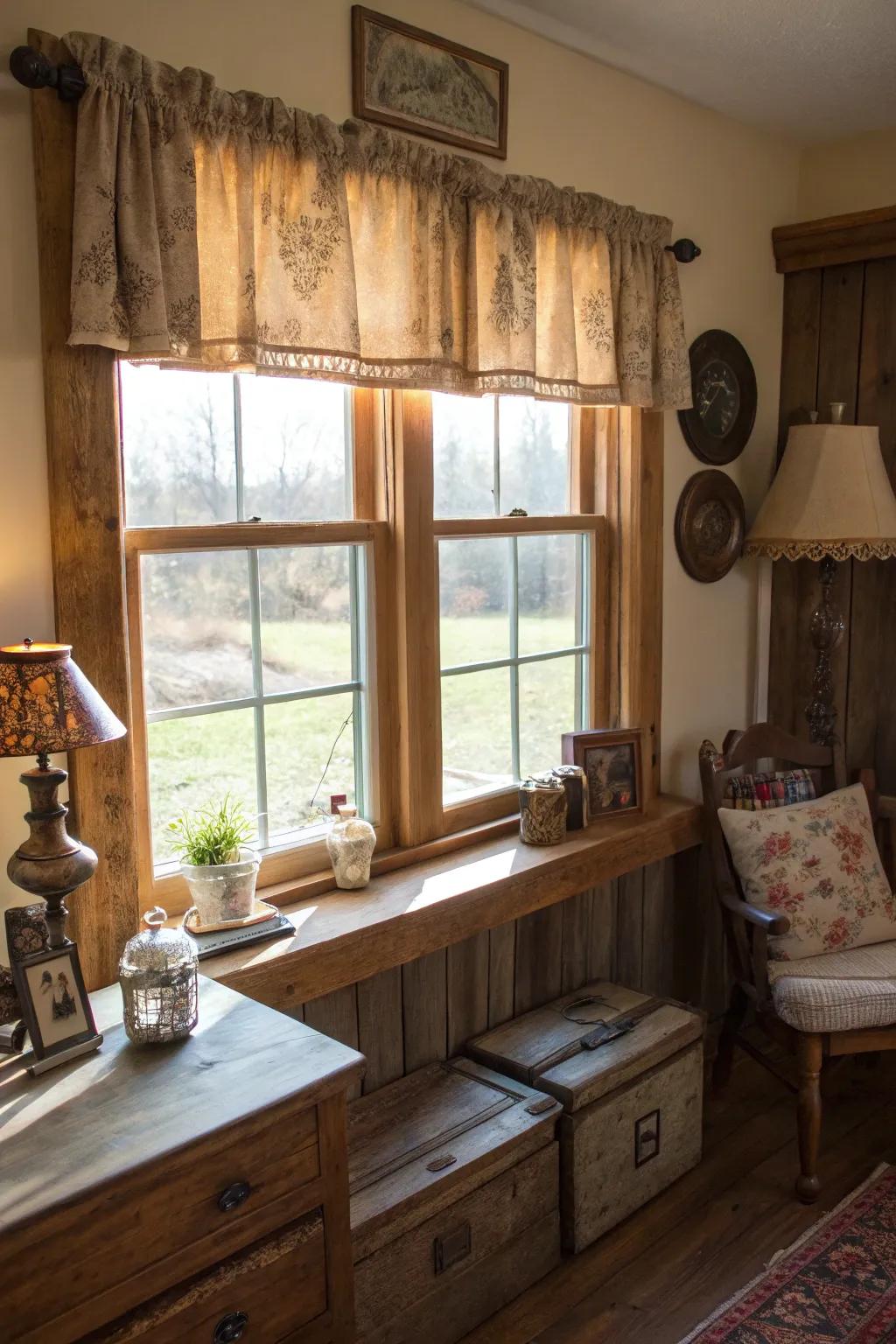 An aged timber window valance crafted from salvaged barn timber, infusing richness and historical significance into a snug living space.