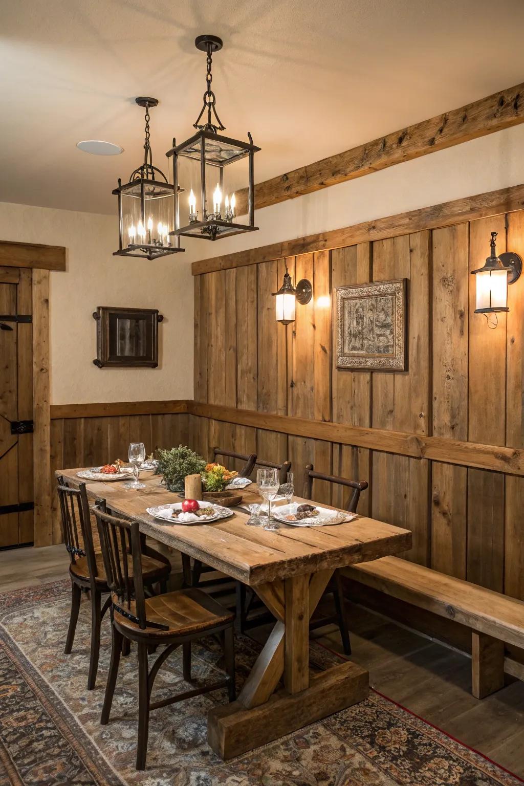 Paneling from aged wood brings timeless appeal and historical depth to dining areas.