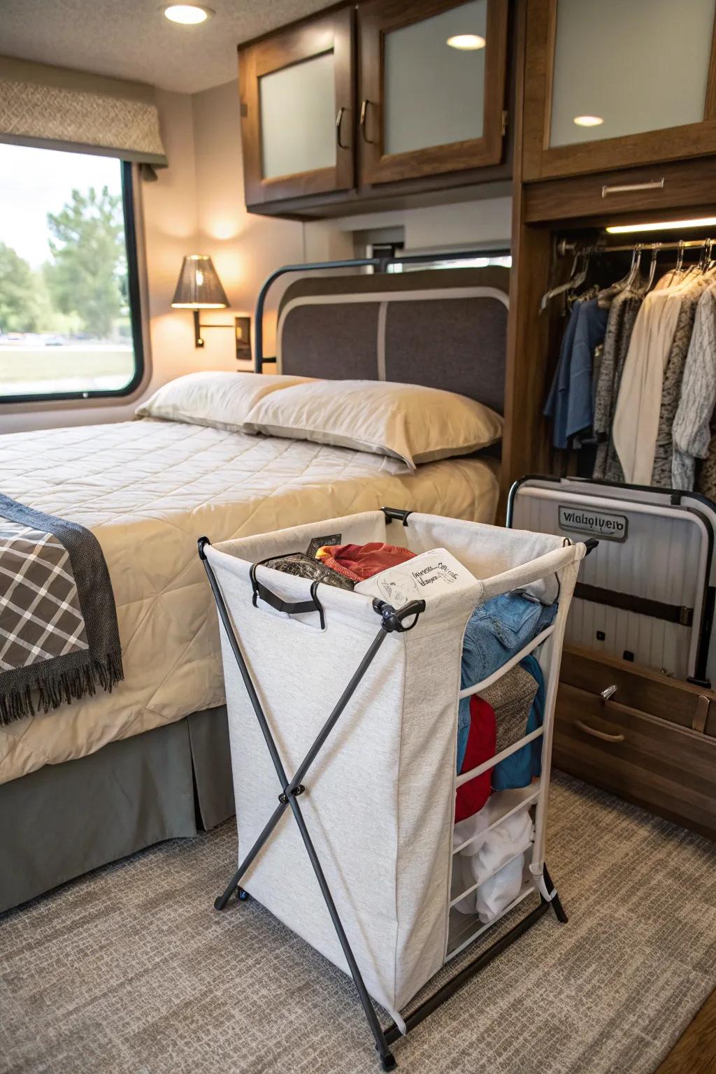 A conveniently stored collapsible hamper nestled neatly under an RV bed.