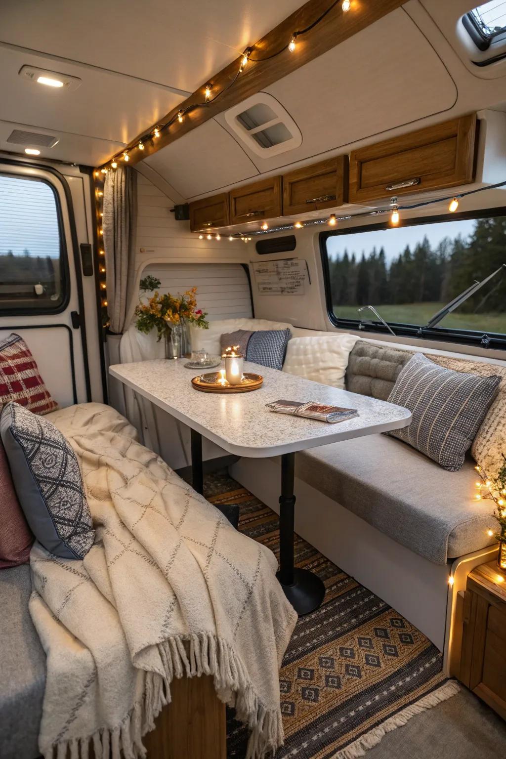 A convertible table in an RV brings multifunctional benefits.