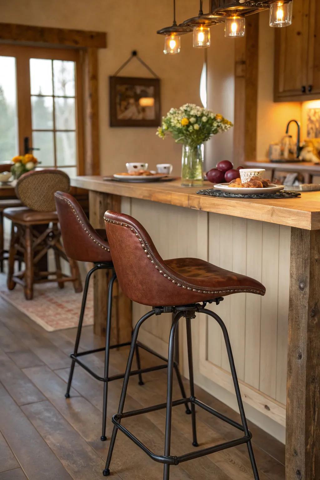 Equestrian-style bar seating injects a dash of countryside allure into this welcoming cooking area.
