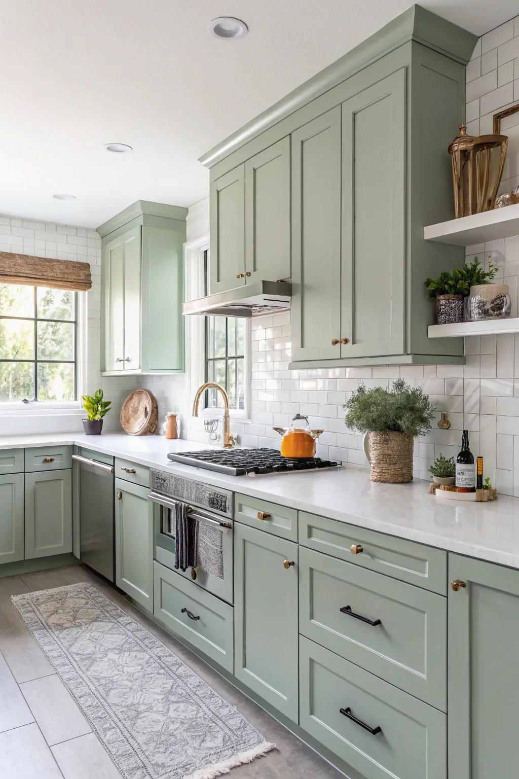 Green tea cabinets paired with bright white countertops.