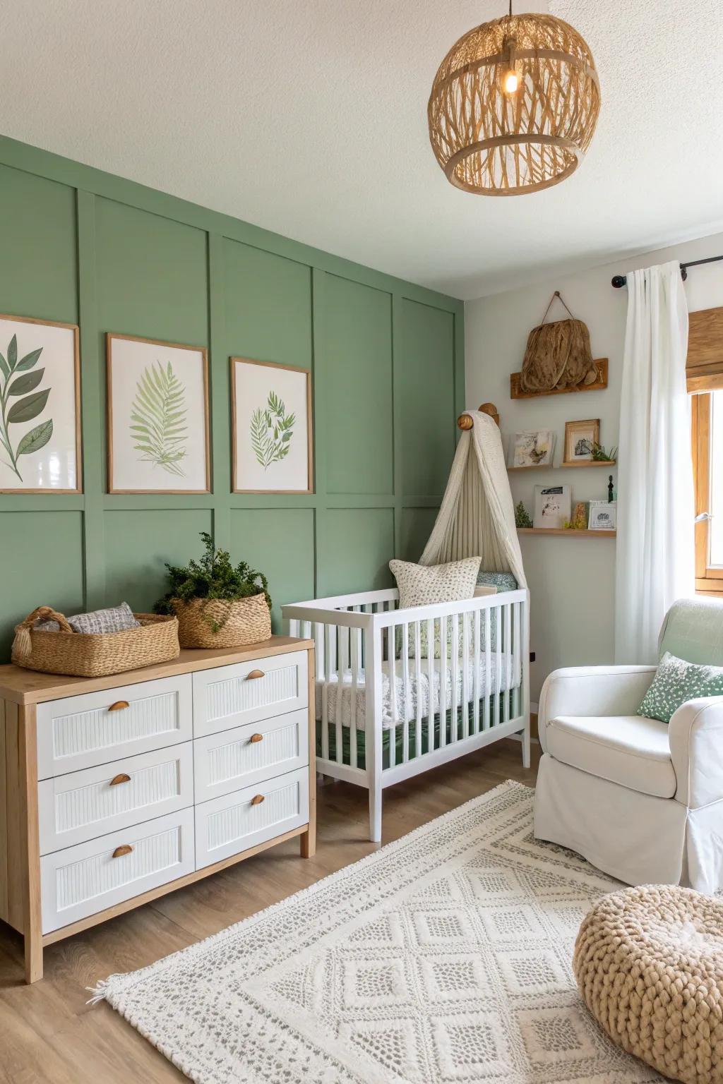 A soft leaf green accent wall adds a focal point in this serene nursery.