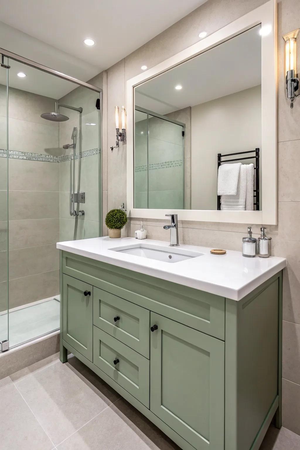 A modern bath space design showing a chic willow tint vanity with pale counter surfaces.