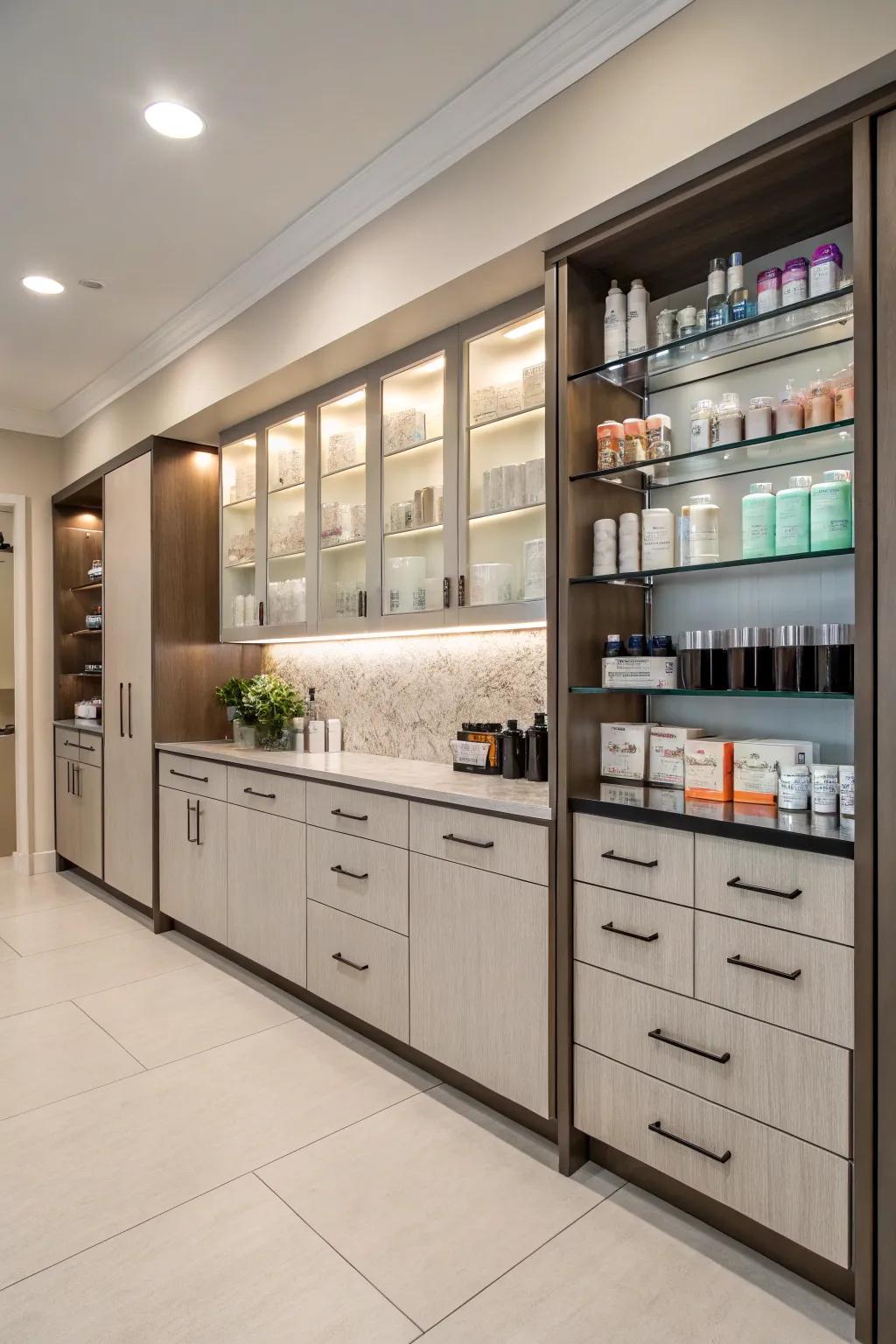 Streamlined storage solutions ensure your salon's break room remains neat and productive.