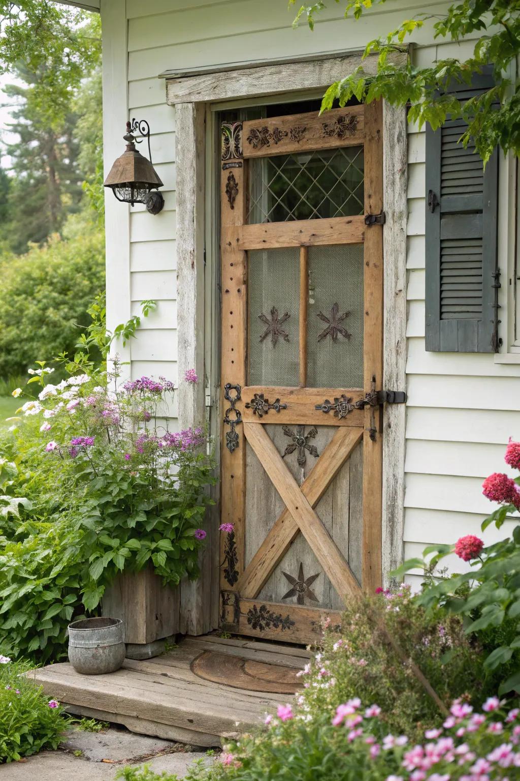 A rustic wooden screen door enhances the inviting ambiance of this farmhouse.