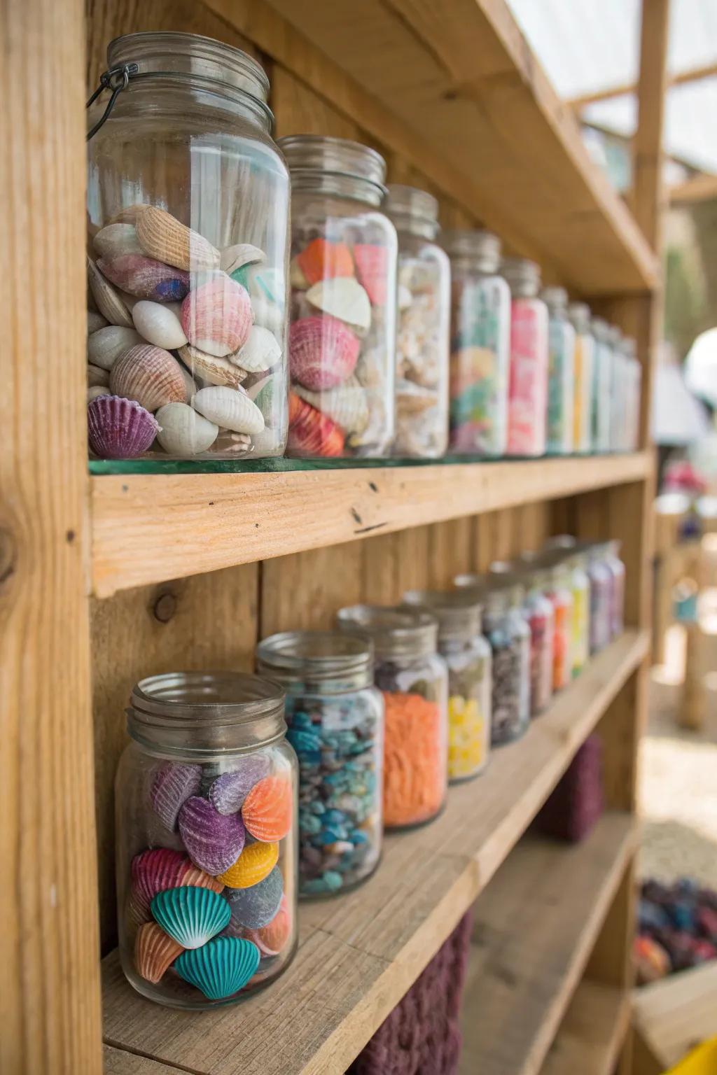 Clear glass containers brimming with seashells fashion a lively and captivating exhibition.