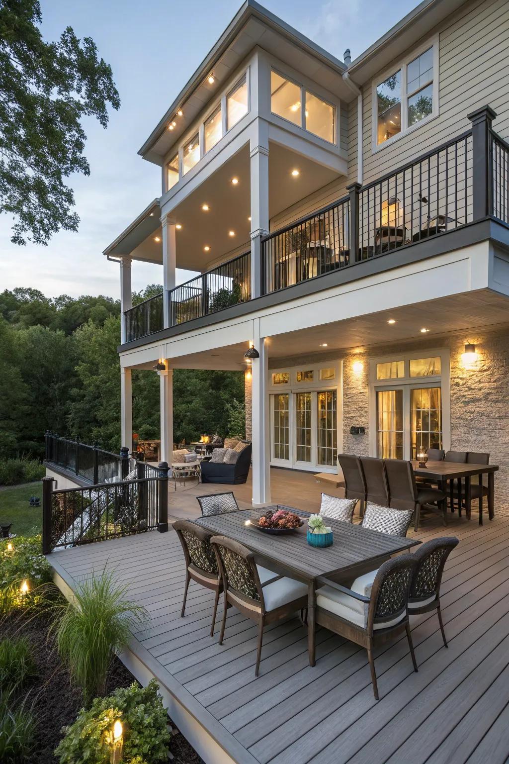 A multi-tiered deck that maximizes space and function, creating distinct zones for different activities.