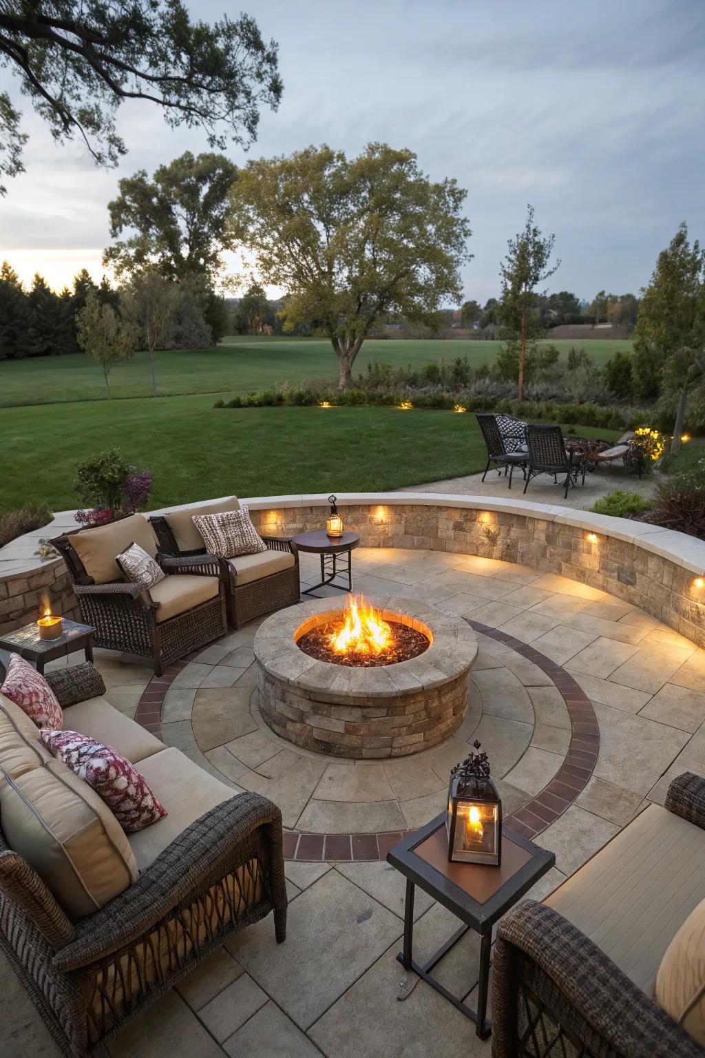 A semi-circle patio with a central fire pit provides a welcoming social space.