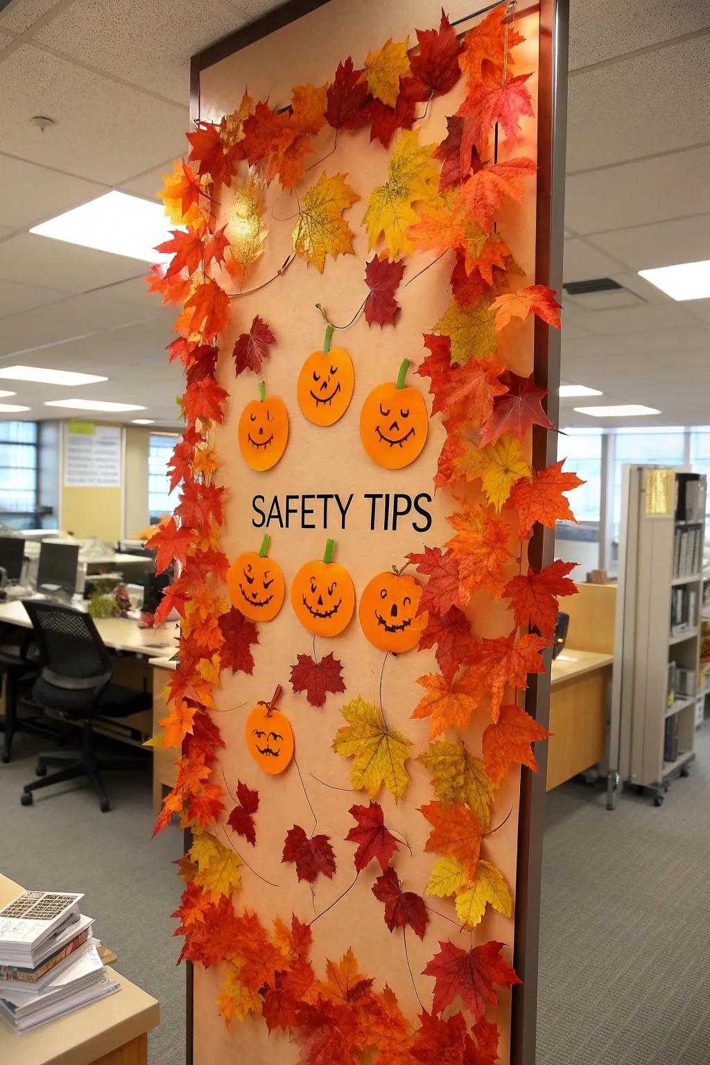An office bulletin board showcasing autumn-inspired safety advice, highlighted by pumpkin cutouts.