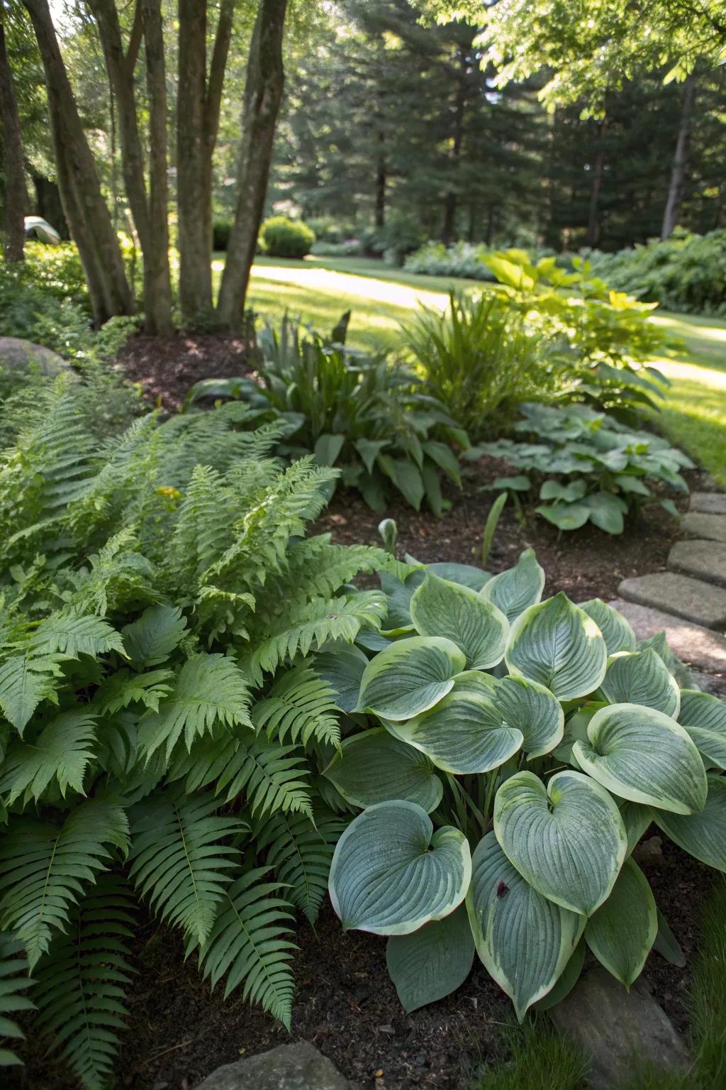 Abundant foliage of hostas and ferns nestled within a shaded garden space.