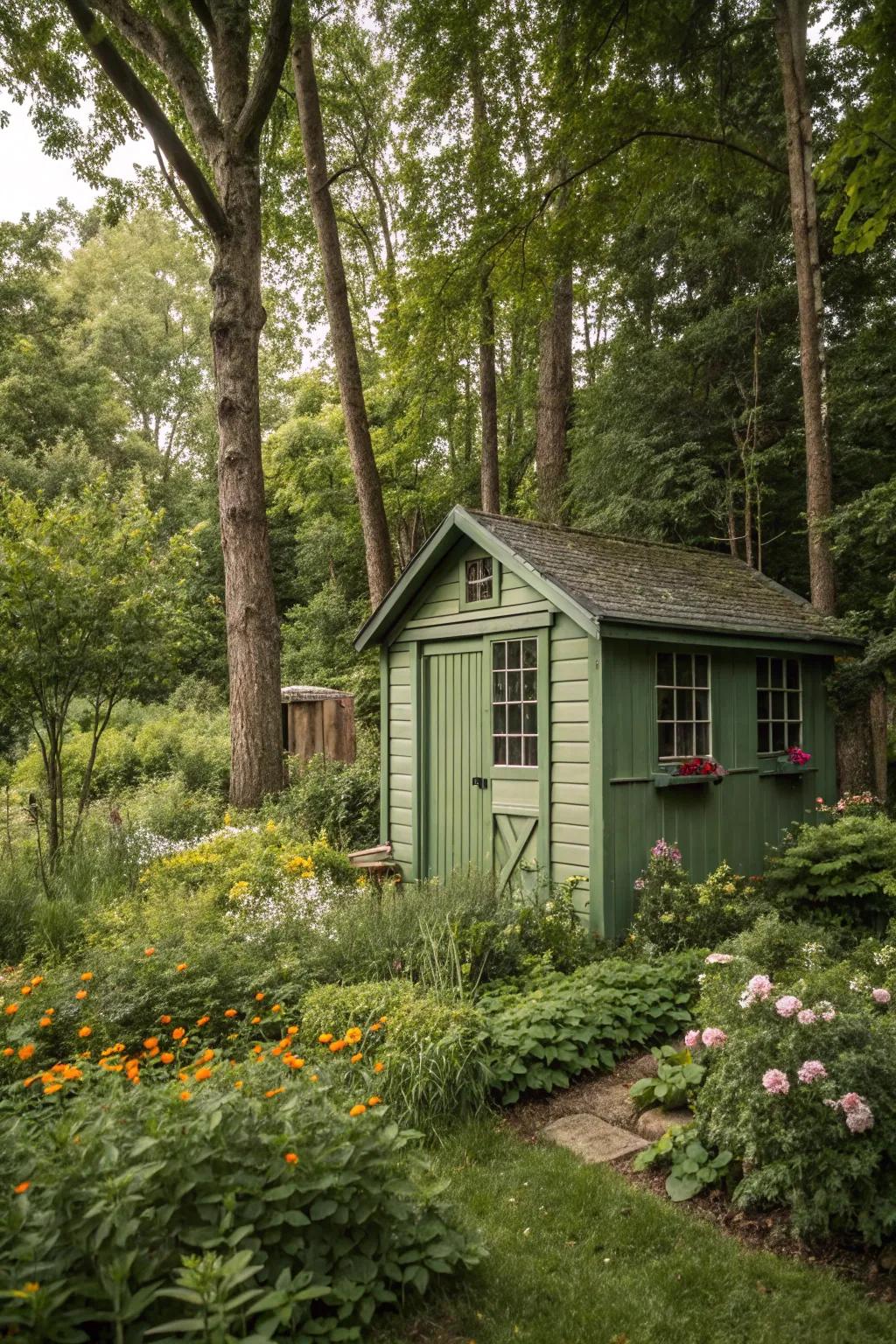 Earthy greens ensure your shed integrates flawlessly with its verdant backdrop.