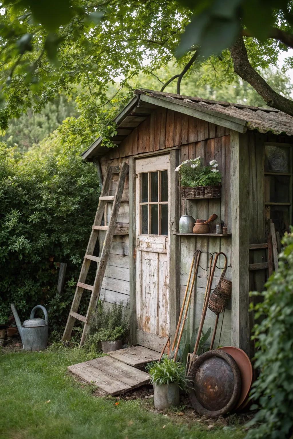 A countryside-themed garden shed adorned with vintage decorative accents.