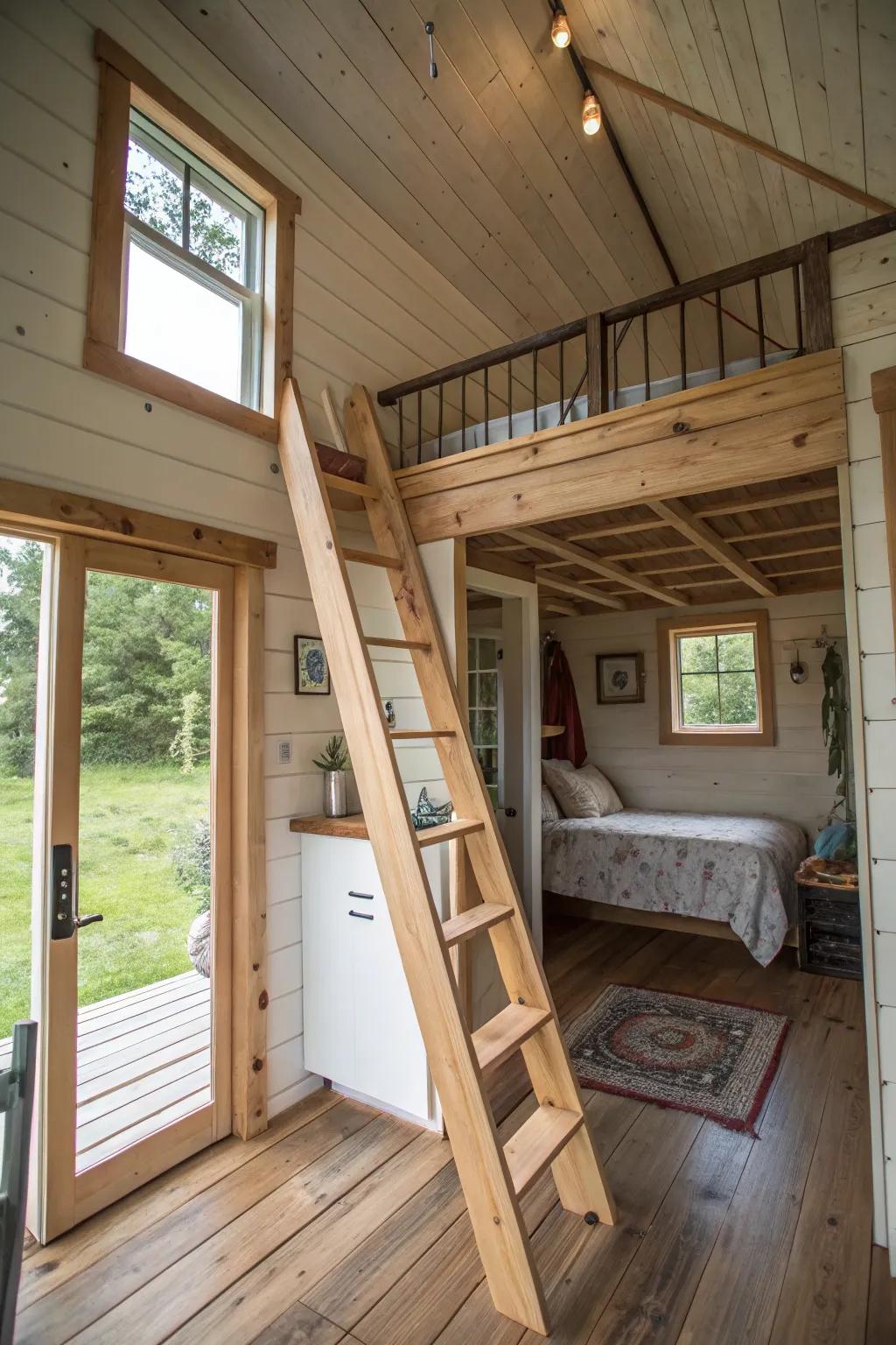 A shed home featuring a loft bedroom reached via a ladder, making the most of vertical space.