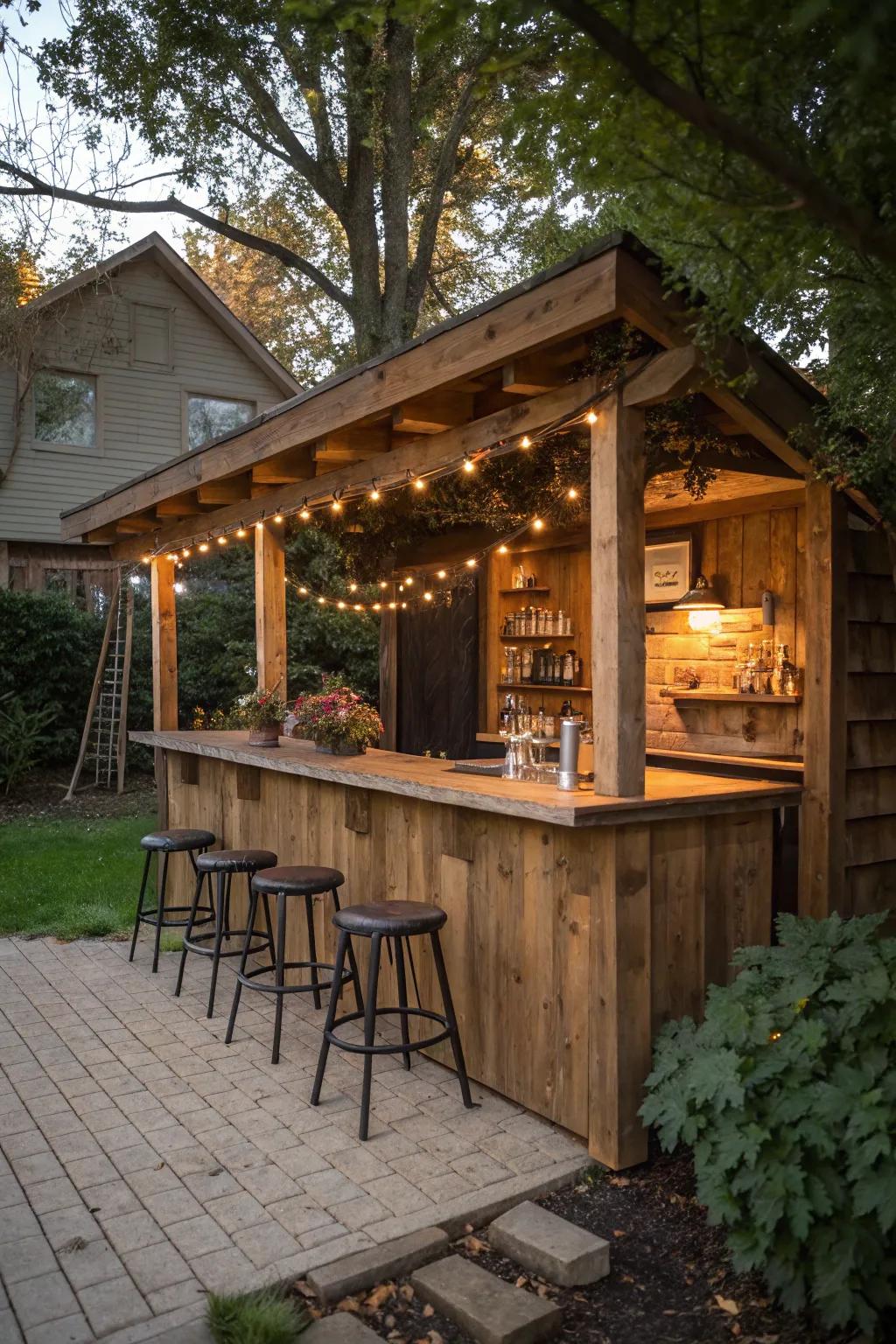 A rustic wooden bar that fits effortlessly with the natural environment.