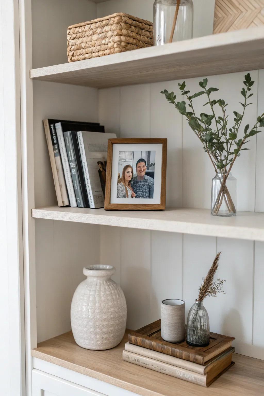 A minimalist shelf displaying a select number of decorative pieces in subdued tones.