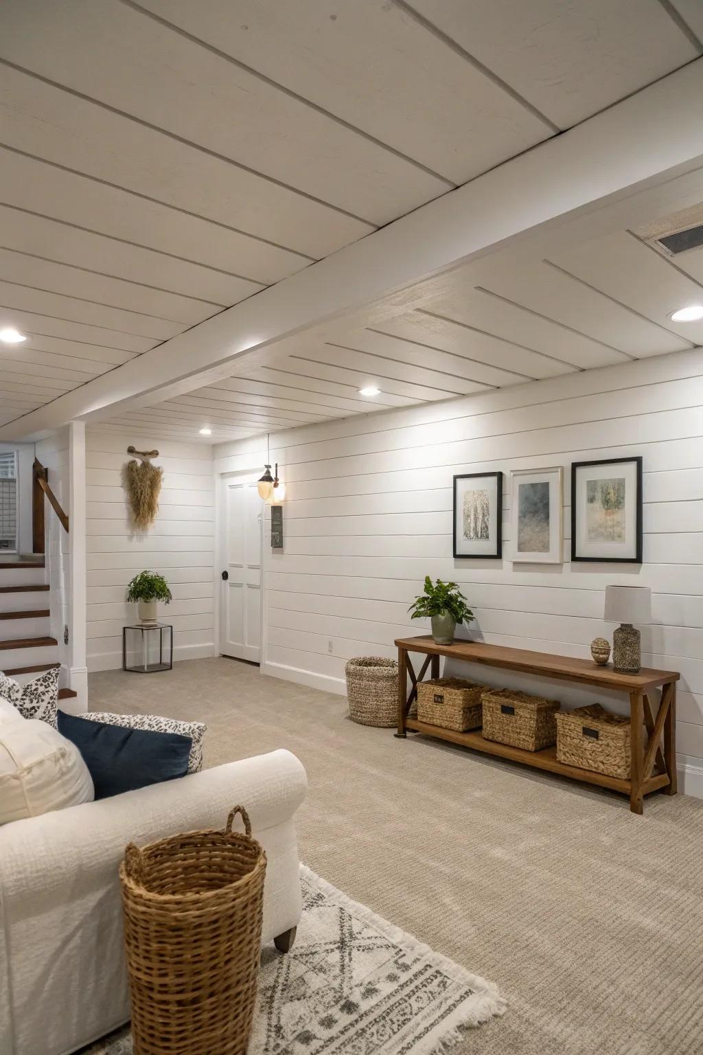 A basement showcasing classic white paneling walls alongside minimalist decorations.