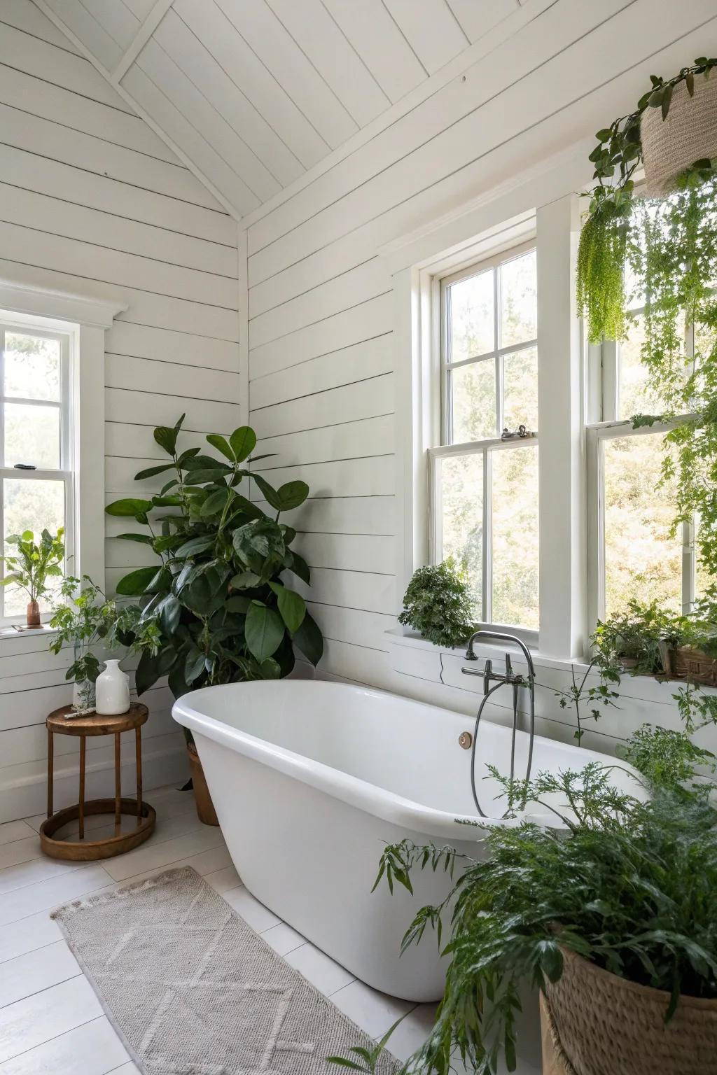 A bathroom featuring pristine plank-clad walls and a standalone tub.
