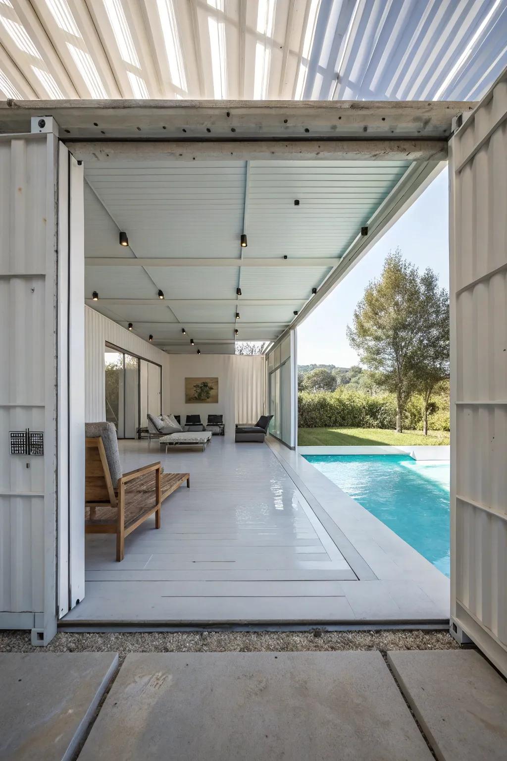 A minimalist pool house emphasizing sleek design and simplicity.