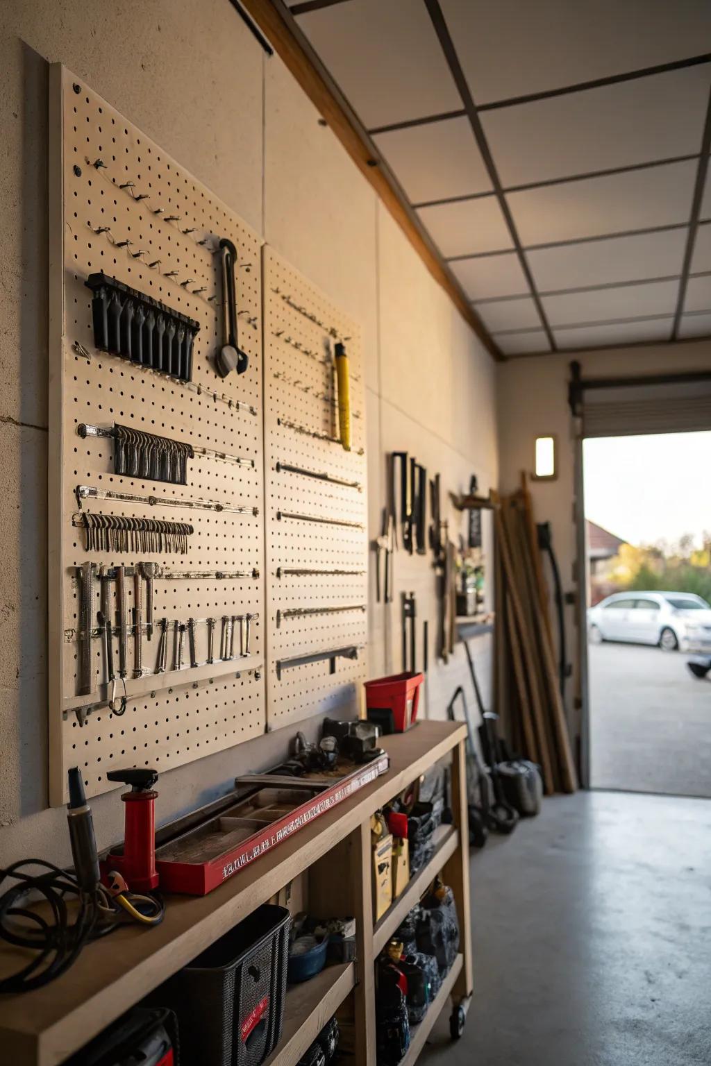 A perforated panel wall showcasing tools arranged in an organized manner.