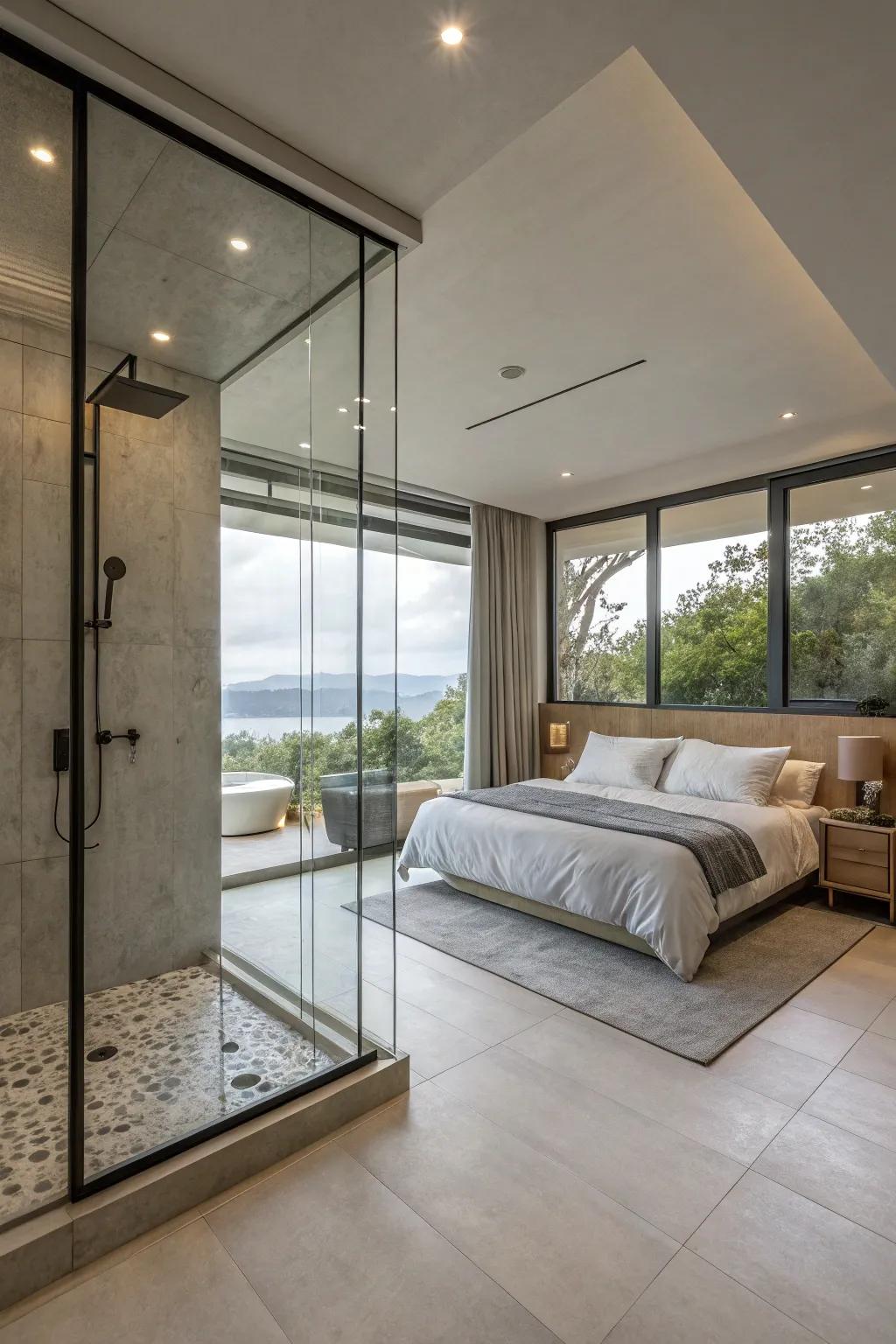 Open shower setup in a bedroom that showcases smooth and airy qualities.