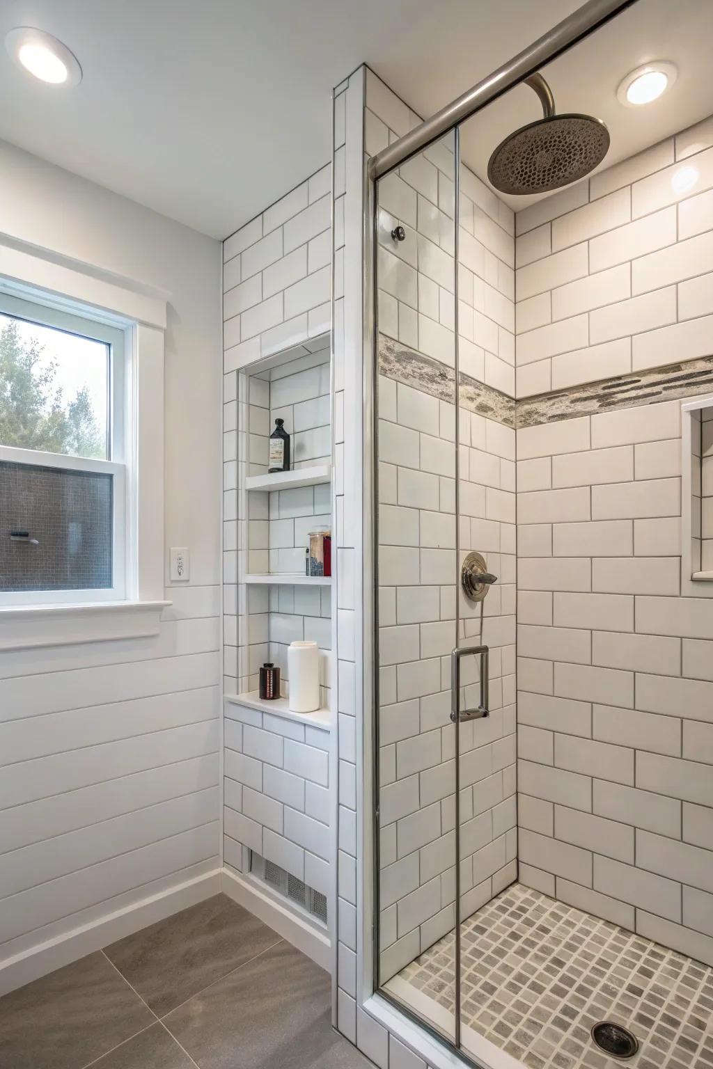 Smooth integration of shower niche using coordinating wall tiles