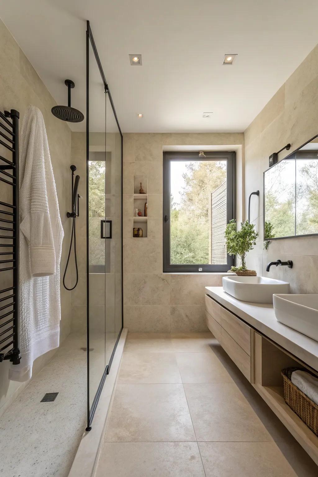 A minimalist shower room showcasing clean lines and a soothing color palette.